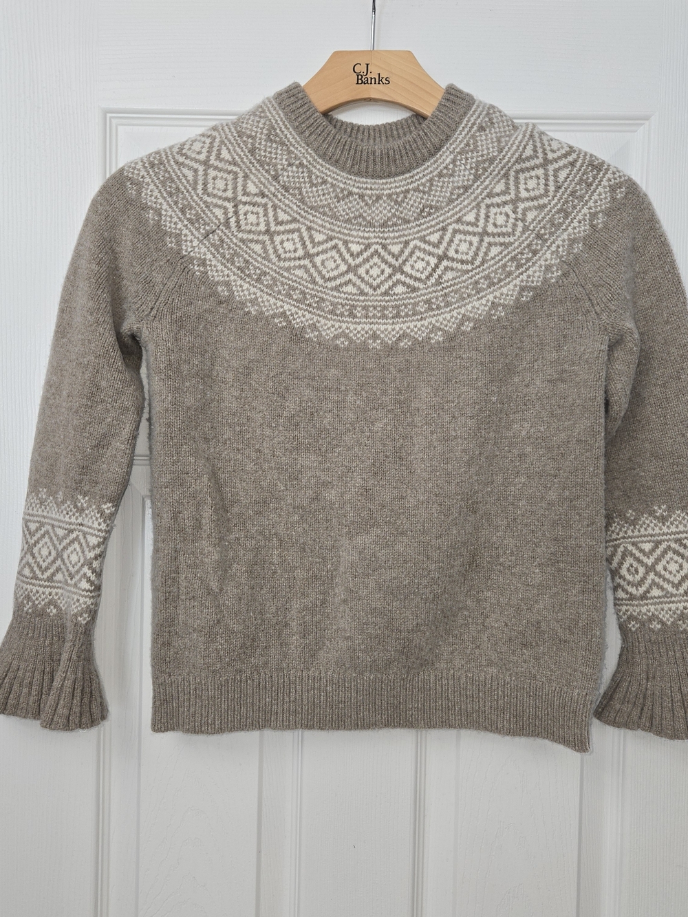 J.Crew Women XS Fair Isle Yoke Sweater Merino Wool Blend Bell Ruffle Cuff Sleeve